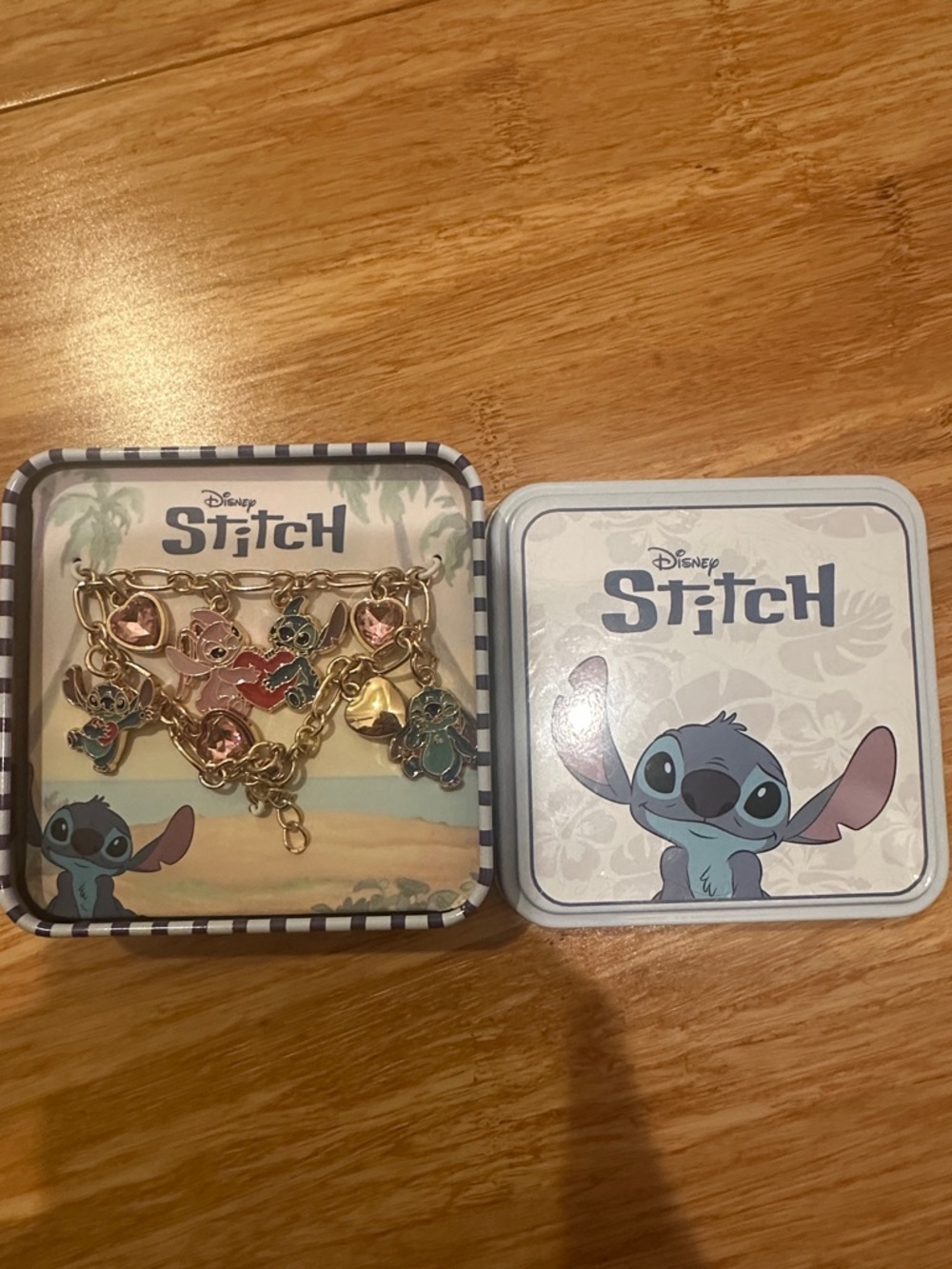 Disney Gold-Tone Stitch Charm Bracelet with Blue & Pink Accents